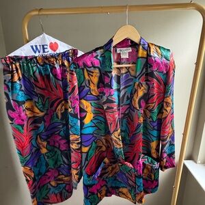 Affluence Colorful Vintage Blazer and Skirt Satin Set